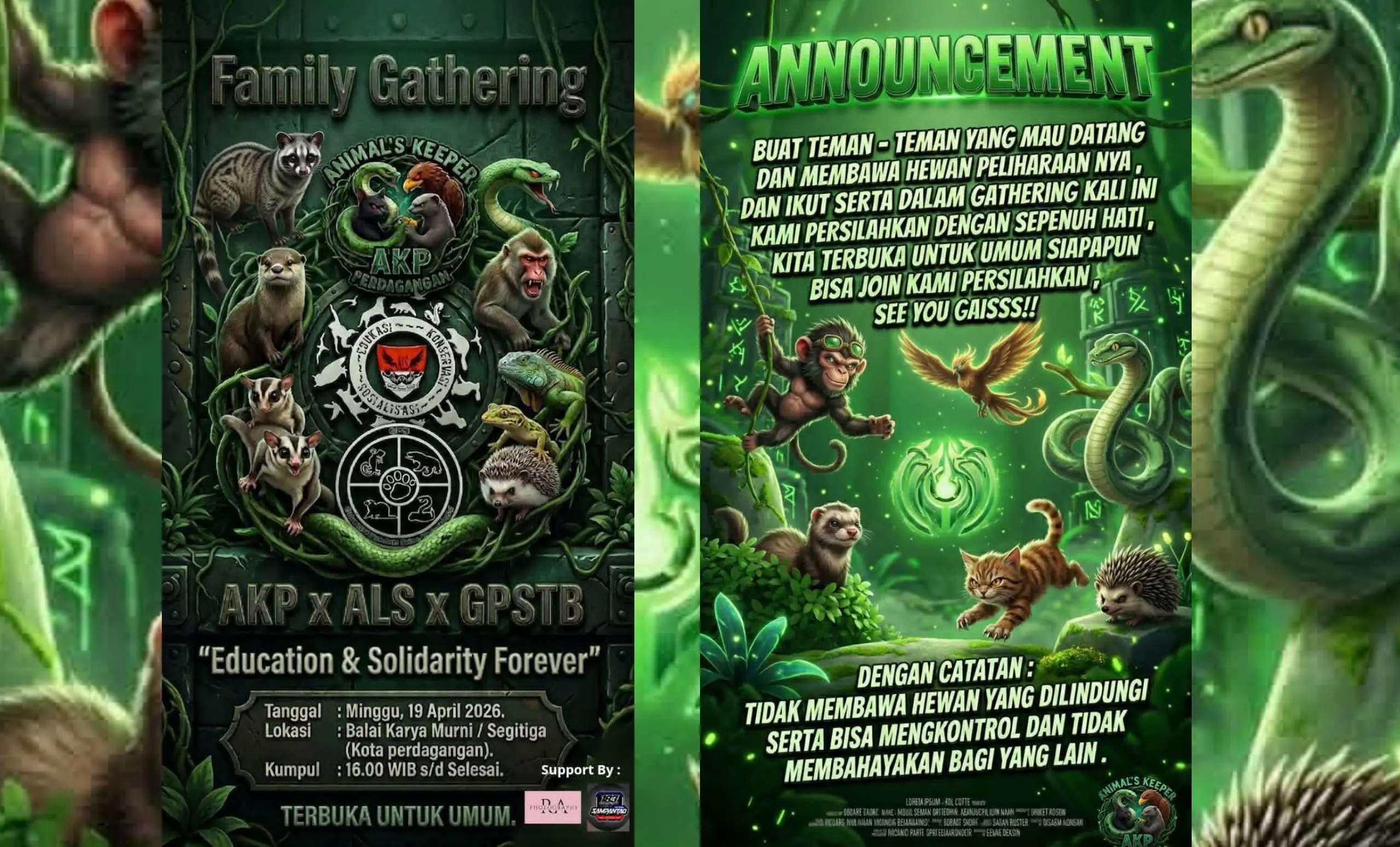 Banner Resmi Acara Family Gathering Satwa Komunitas AKP di Balai Karya Murni Perdagangan, Minggu 19 April 2026.