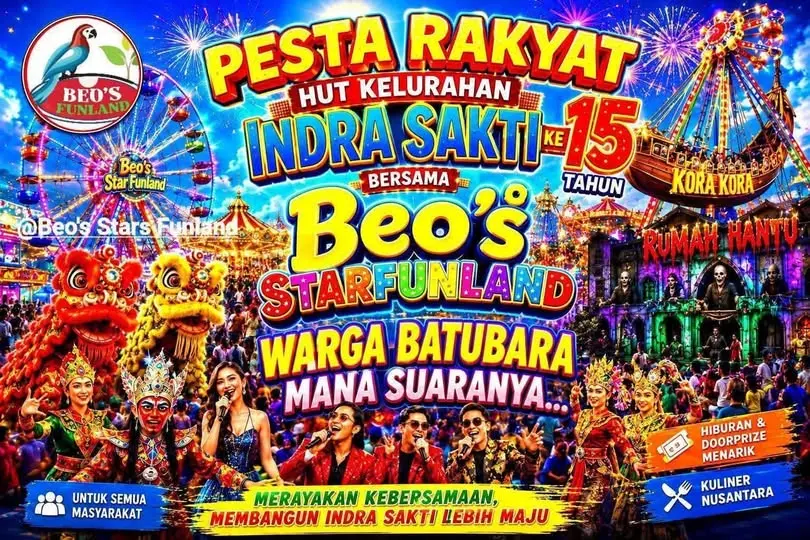 Brosur Pesta Rakyat HUT ke-15 Indra Sakti bersama Beo's Star Funland di Lapangan Indrapura Batubara.