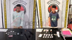 Dua tersangka jaringan narkoba Dosin diamankan Sat Narkoba Polres Simalungun bersama barang bukti 142 gram sabu dan airsoft gun