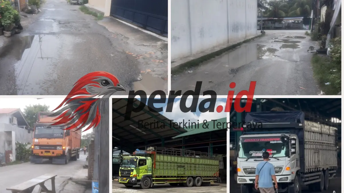 Kondisi kerusakan Jalan Amal Perdagangan akibat truk tronton PT Prima Indo Rubber.
