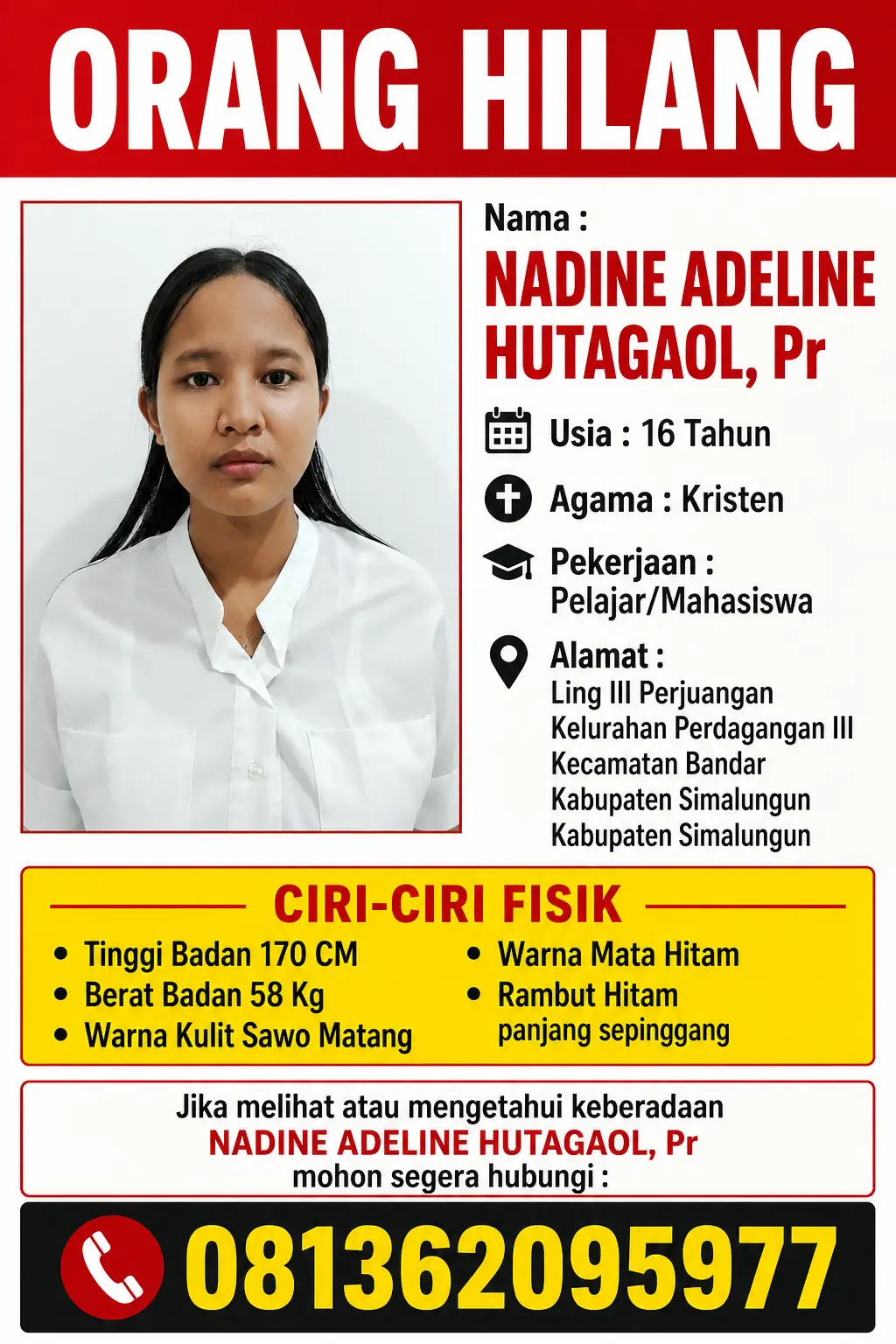 Polsek Bandar Huluan menerima laporan gadis 16 tahun warga Perdagangan Simalungun hilang sejak 2 Mei 2026