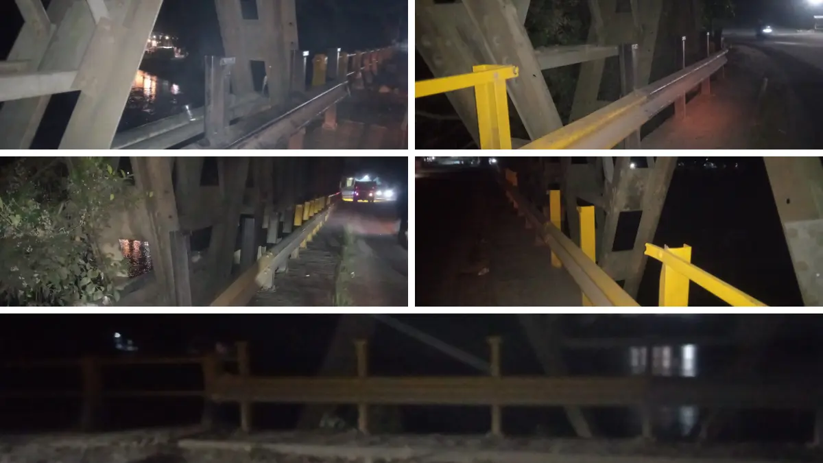 Kondisi guardrail Jembatan Perdagangan di Kecamatan Bandar, Kabupaten Simalungun, yang hilang dan membahayakan pengguna jalan.